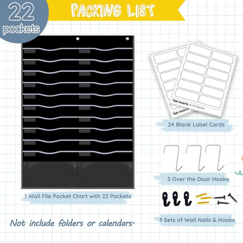 ALSLEA 22 Pockets Hanging Wall File Organizer for Legal/ Letter Size Paper, Over the Door Organizer, 31¾" x 45½" Pocket Chart for Classroom, Office, Warehouse, Home Use with 24 Name Tags & 6 Hooks - Image 4